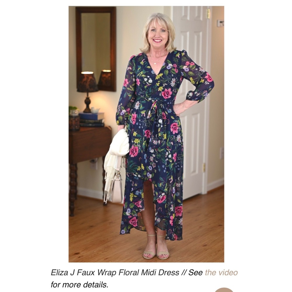 Eliza J Navy Blue Floral Faux Wrap High-Low Chiffon Midi Dress Womens 8 NWT